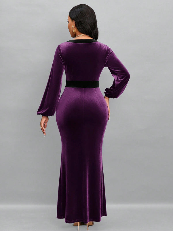Lady Vestido Color Block Con Cuello En V, Mangas Farol Y Dobladillo Dividido Para Mujer