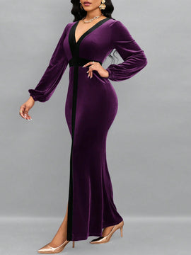 Lady Vestido Color Block Con Cuello En V, Mangas Farol Y Dobladillo Dividido Para Mujer