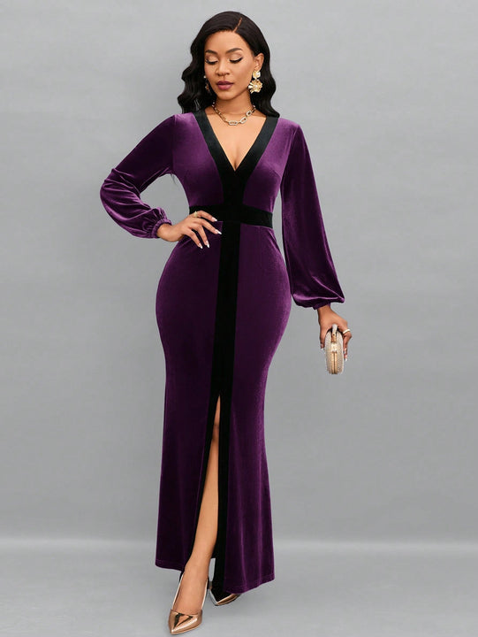 Lady Vestido Color Block Con Cuello En V, Mangas Farol Y Dobladillo Dividido Para Mujer