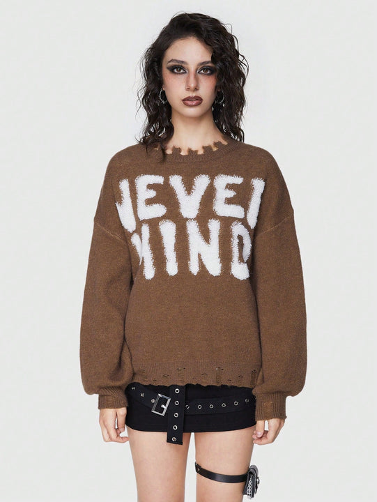 ROMWE Grunge Punk Sudadera Con Estampado De Palabra, Cuello Deshilachado, Hombros Caidos Y Diseno De Jersey