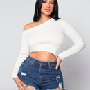 SXY Sueter Sexy Corto Blanco Con Hombro Oblicuo Para Mujeres