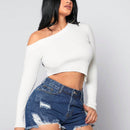 SXY Sueter Sexy Corto Blanco Con Hombro Oblicuo Para Mujeres