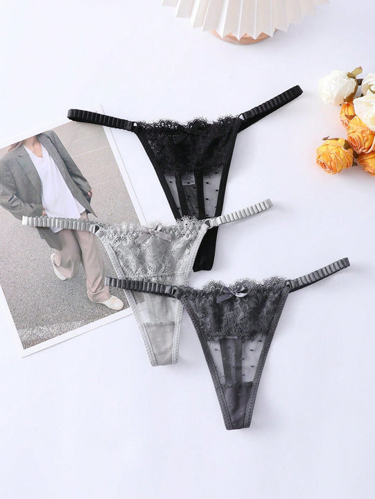 3 Piezas Lenceria Femenina De Tanga De Encaje Con Lazos De Patchwork