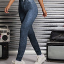 PETITE Pantalones Ajustados De Estilo Vaquero, Alta Cintura, Elasticos Y Estampados Con Apariencia De Traje De Jeans Tejido