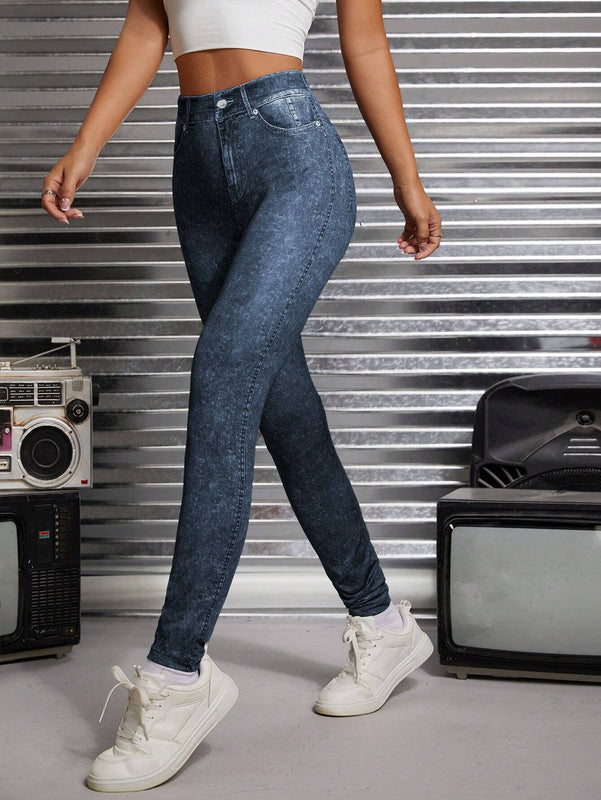 PETITE Pantalones Ajustados De Estilo Vaquero, Alta Cintura, Elasticos Y Estampados Con Apariencia De Traje De Jeans Tejido