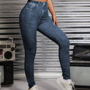 PETITE Pantalones Ajustados De Estilo Vaquero, Alta Cintura, Elasticos Y Estampados Con Apariencia De Traje De Jeans Tejido
