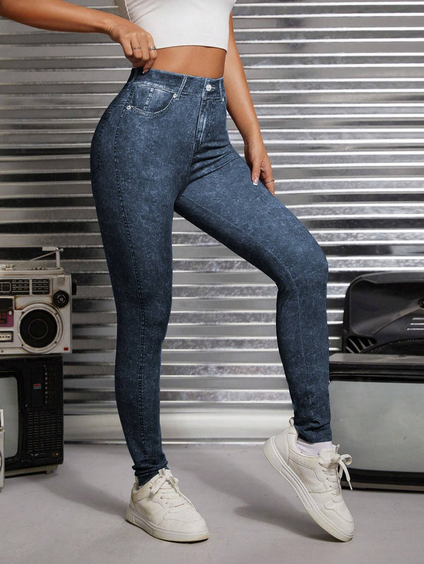 PETITE Pantalones Ajustados De Estilo Vaquero, Alta Cintura, Elasticos Y Estampados Con Apariencia De Traje De Jeans Tejido