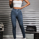 PETITE Pantalones Ajustados De Estilo Vaquero, Alta Cintura, Elasticos Y Estampados Con Apariencia De Traje De Jeans Tejido