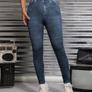 PETITE Pantalones Ajustados De Estilo Vaquero, Alta Cintura, Elasticos Y Estampados Con Apariencia De Traje De Jeans Tejido