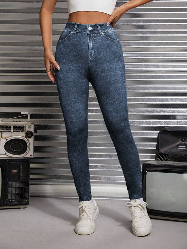 PETITE Pantalones Ajustados De Estilo Vaquero, Alta Cintura, Elasticos Y Estampados Con Apariencia De Traje De Jeans Tejido
