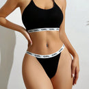 Conjunto De Bralette Y Panty Con Banda Tejida Y Diseno De Letra Impresa Para Lenceria