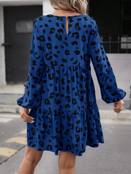 Vestido Con Cuello De Muneca De Parches Con Mangas De Farol Y Diseno De Estampado De Leopardo