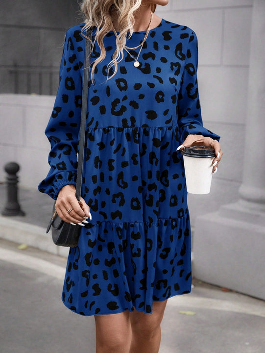 Vestido Con Cuello De Muneca De Parches Con Mangas De Farol Y Diseno De Estampado De Leopardo