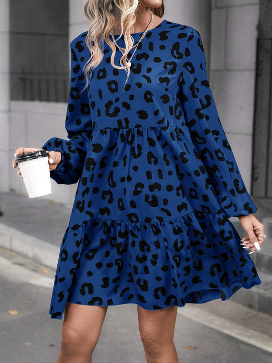 Vestido Con Cuello De Muneca De Parches Con Mangas De Farol Y Diseno De Estampado De Leopardo