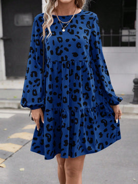 Vestido Con Cuello De Muneca De Parches Con Mangas De Farol Y Diseno De Estampado De Leopardo
