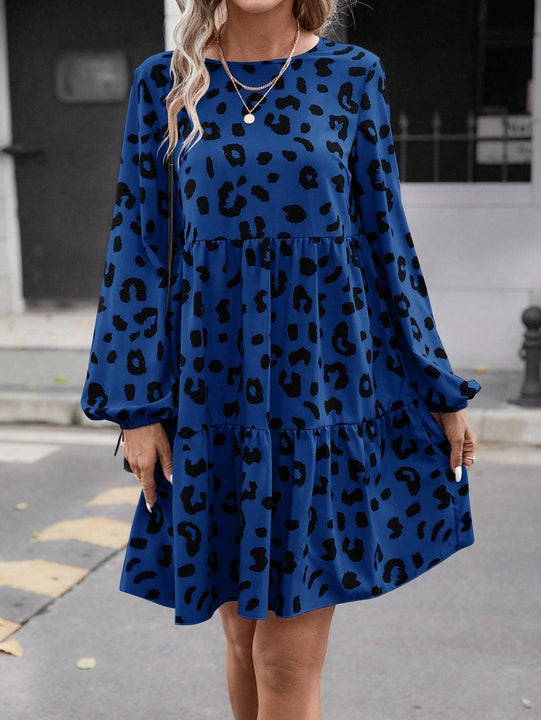 Vestido Con Cuello De Muneca De Parches Con Mangas De Farol Y Diseno De Estampado De Leopardo