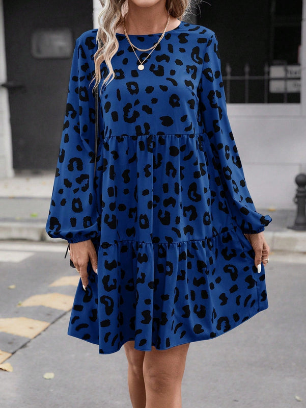 Vestido Con Cuello De Muneca De Parches Con Mangas De Farol Y Diseno De Estampado De Leopardo