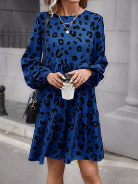Vestido Con Cuello De Muneca De Parches Con Mangas De Farol Y Diseno De Estampado De Leopardo
