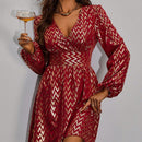 Prive Vestido dorado con estampado geometrico de manga farol