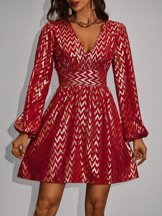 Prive Vestido dorado con estampado geometrico de manga farol