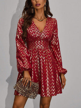 Prive Vestido dorado con estampado geometrico de manga farol