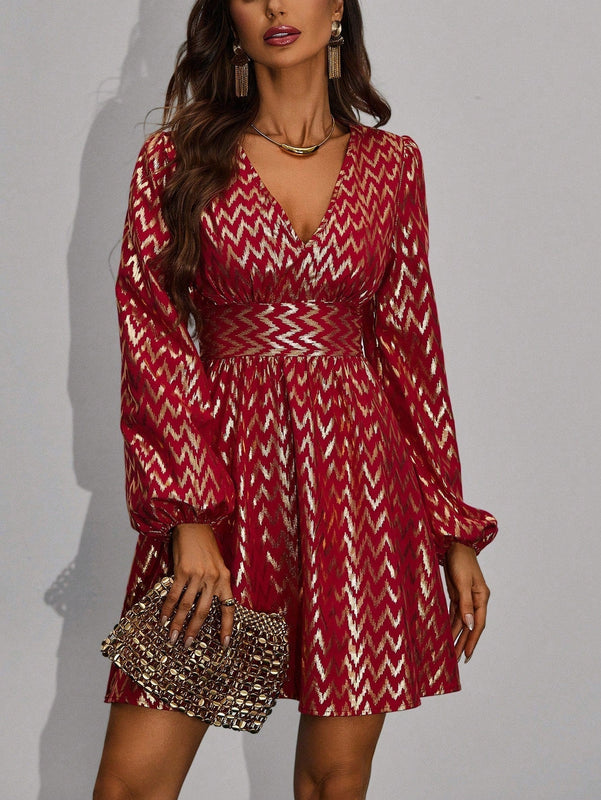 Prive Vestido dorado con estampado geometrico de manga farol