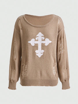 ROMWE Grunge Punk Sueter Desgastado Con Patron Cruzado