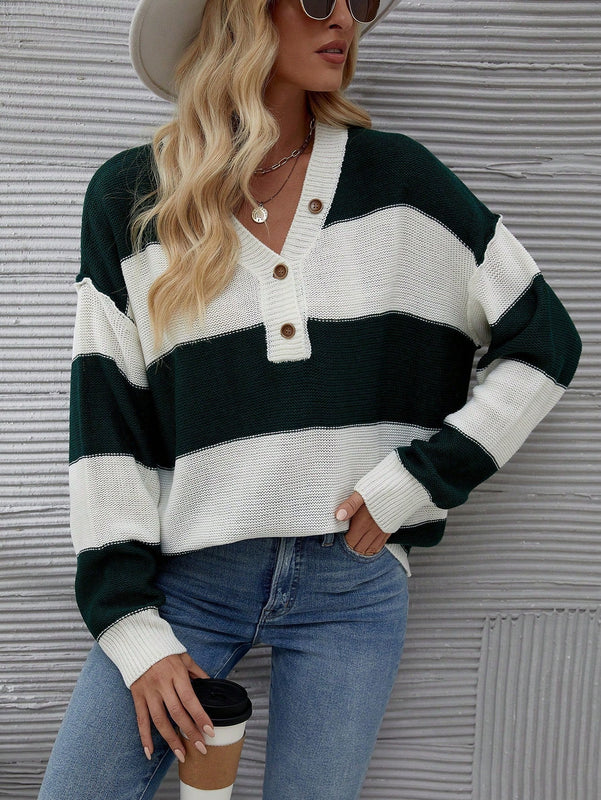 LUNE de mujeres dos tonos de rayas de hombros caidos Cardigan Jersey