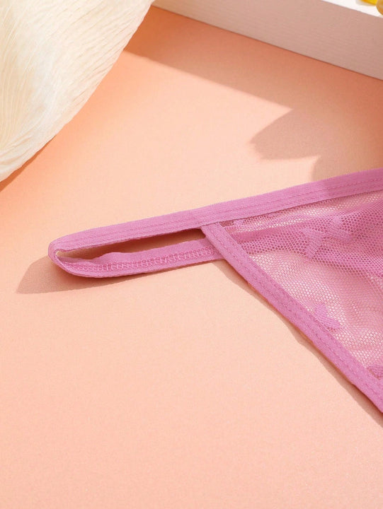 Conjunto de 6 tangas de encaje con patron de mariposas de unicolor con banda de cintura delgada, lenceria sexy para mujeres