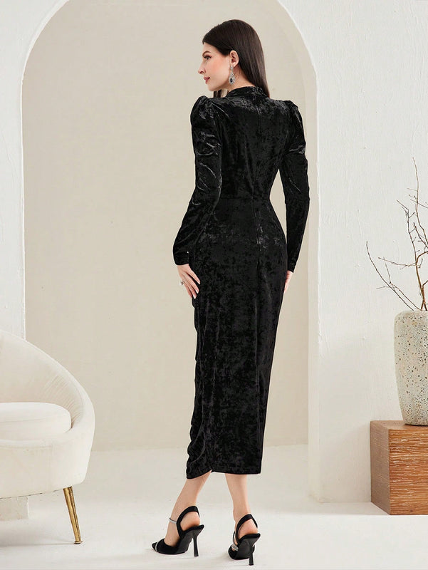 Modely Vestido ajustado de cuello alto de manga farol fruncido