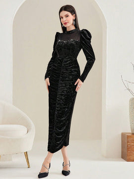 Modely Vestido ajustado de cuello alto de manga farol fruncido