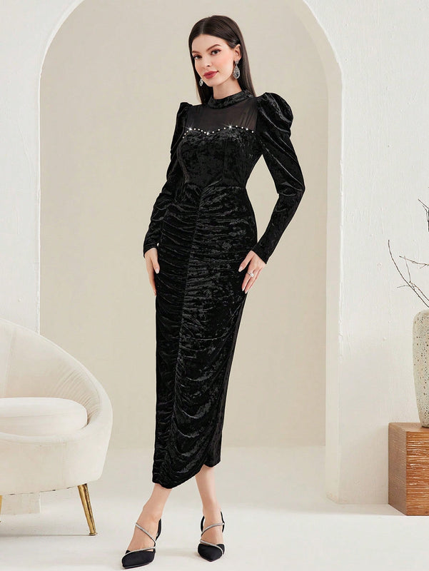 Modely Vestido ajustado de cuello alto de manga farol fruncido