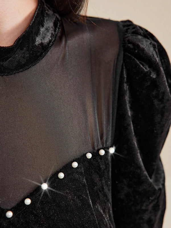 Modely Vestido ajustado de cuello alto de manga farol fruncido