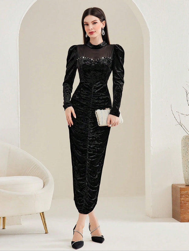 Modely Vestido ajustado de cuello alto de manga farol fruncido