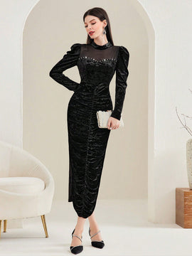 Modely Vestido ajustado de cuello alto de manga farol fruncido
