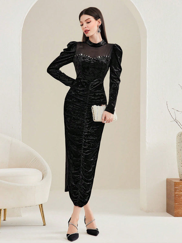 Modely Vestido ajustado de cuello alto de manga farol fruncido
