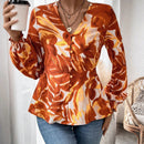 VCAY Blusa Con Detalle De Boton Y Puno Fruncido Con Estampado Completo, Escote En V