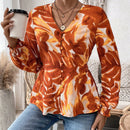 VCAY Blusa Con Detalle De Boton Y Puno Fruncido Con Estampado Completo, Escote En V