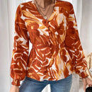 VCAY Blusa Con Detalle De Boton Y Puno Fruncido Con Estampado Completo, Escote En V