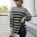 Essnce Sweater Con Cuello De Tortuga, Patron De Rayas, Caida Del Hombro Y Dobladillo Dividido