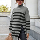 Essnce Sweater Con Cuello De Tortuga, Patron De Rayas, Caida Del Hombro Y Dobladillo Dividido