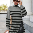 Essnce Sweater Con Cuello De Tortuga, Patron De Rayas, Caida Del Hombro Y Dobladillo Dividido