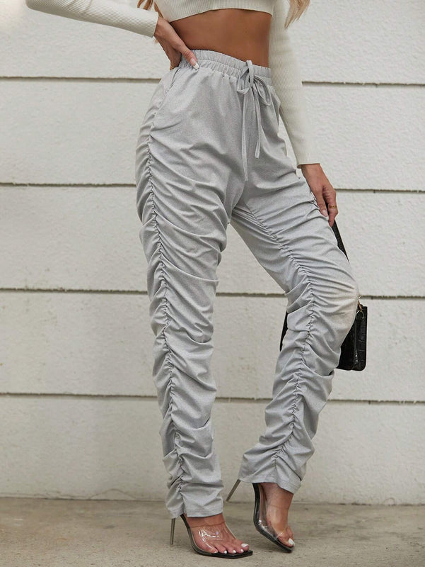 Unity Pantalon Largo Plisado Con Cintura Elastica Y Nudo