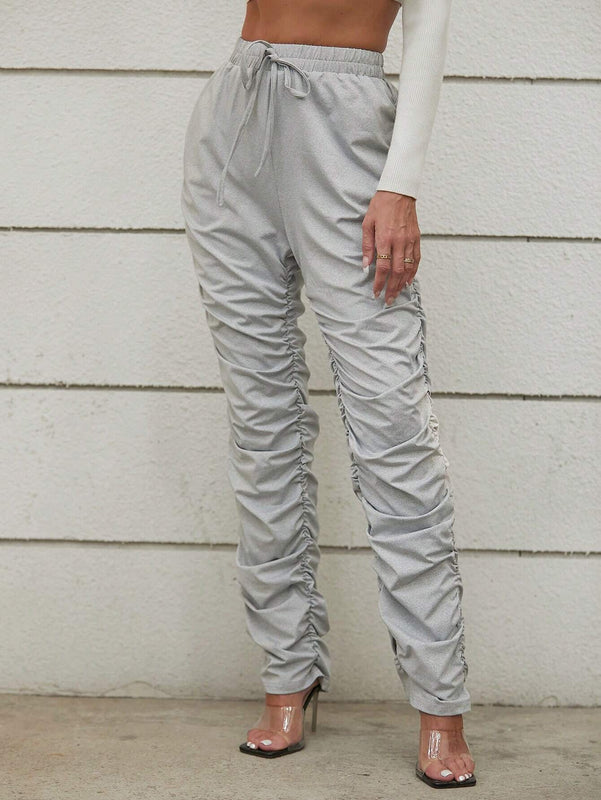 Unity Pantalon Largo Plisado Con Cintura Elastica Y Nudo