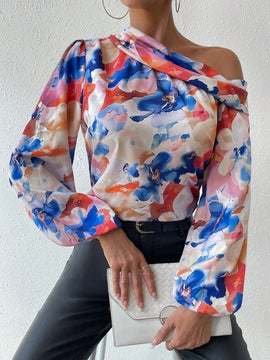 Prive Blusa De Manga Larga Con Manga De Linterna, Cuello Asimetrico Con Estampado Floral