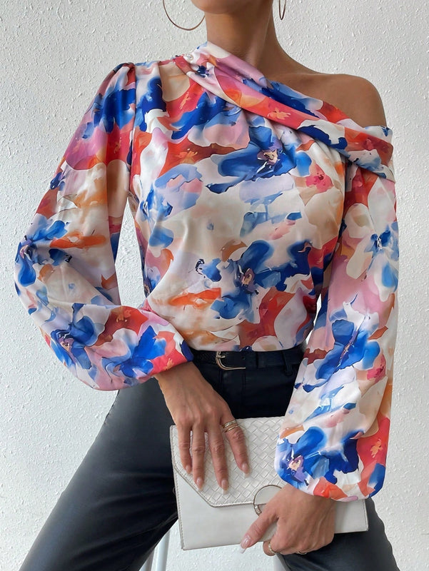 Prive Blusa De Manga Larga Con Manga De Linterna, Cuello Asimetrico Con Estampado Floral