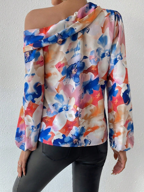 Prive Blusa De Manga Larga Con Manga De Linterna, Cuello Asimetrico Con Estampado Floral