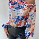Prive Blusa De Manga Larga Con Manga De Linterna, Cuello Asimetrico Con Estampado Floral