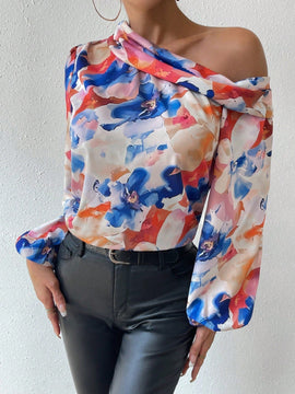 Prive Blusa De Manga Larga Con Manga De Linterna, Cuello Asimetrico Con Estampado Floral