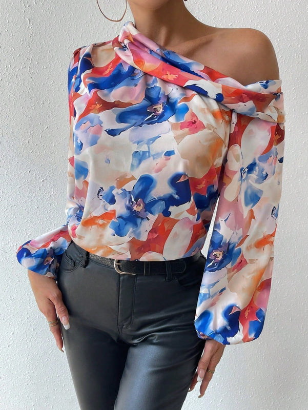 Prive Blusa De Manga Larga Con Manga De Linterna, Cuello Asimetrico Con Estampado Floral